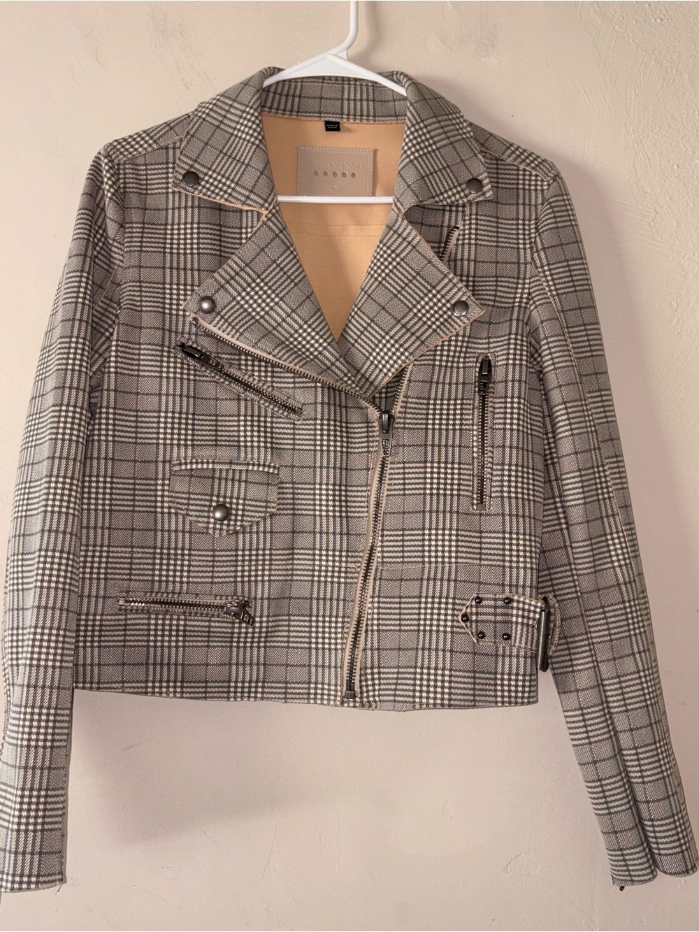 [BLANKNYC] Gray Glen Plaid Asymmetric Moto Jacket Buckle Waist Women's Small - Picture 2 of 4
